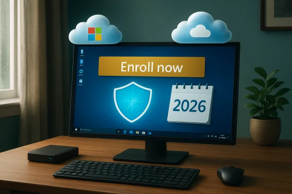 A computer monitor on a wooden desk displays 'Enroll now' with a 2026 calendar icon, flanked by cloud decorations. A computer monitor on a wooden desk displays 'Enroll now' with a 2026 calendar icon, flanked by cloud decorations.