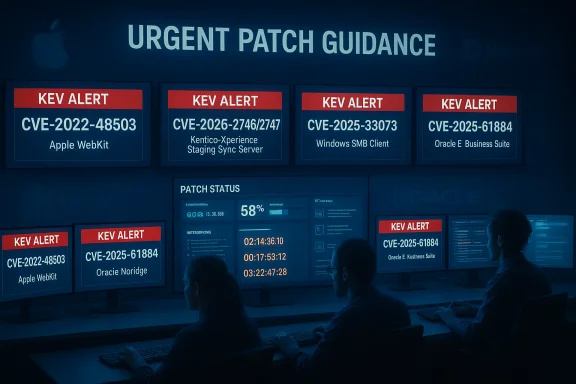 A security operations center displaying urgent patch guidance with KEV alert panels and CVE details. A security operations center displaying urgent patch guidance with KEV alert panels and CVE details.