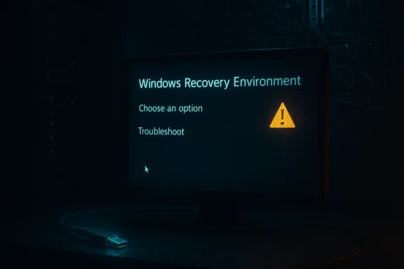 Windows Recovery Environment screen on a monitor with a yellow warning triangle.
