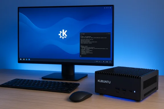 Kubuntu mini PC beside a monitor with keyboard and mouse on a desk.