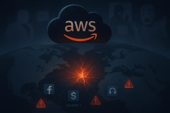 AWS cloud over a glowing, cracked globe with warning signs and social icons.