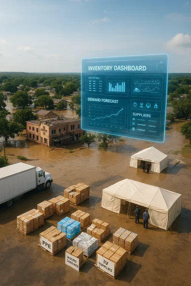 A flood disaster relief site with tents, supply crates, and a holographic inventory dashboard. A flood disaster relief site with tents, supply crates, and a holographic inventory dashboard.