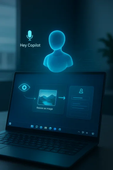 Holographic AI assistant 'Hey Copilot' hovering above a laptop displaying an image resize workflow. Holographic AI assistant 'Hey Copilot' hovering above a laptop displaying an image resize workflow.