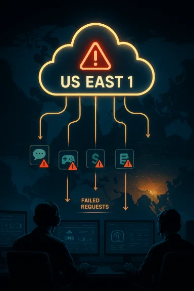 Neon cloud outage diagram for US East 1, showing failed requests across services.