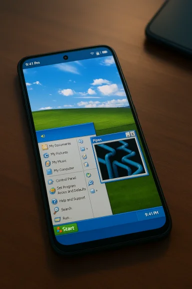 A smartphone displays the Windows XP desktop with a Start menu and a Pipes window. A smartphone displays the Windows XP desktop with a Start menu and a Pipes window.