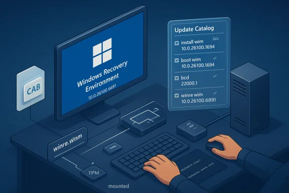 Illustration of Windows Recovery Environment with update catalog and boot files. Illustration of Windows Recovery Environment with update catalog and boot files.