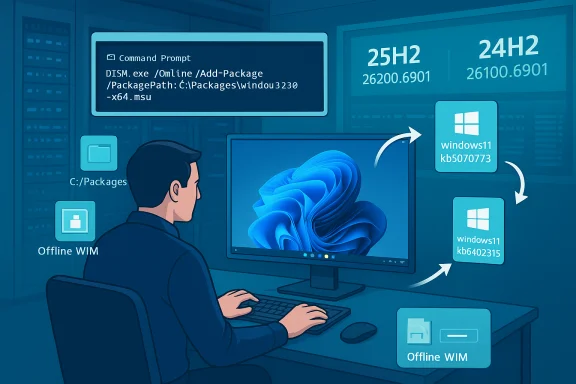 A technician at a desk manages Windows 11 deployment using offline WIM and package prompts. A technician at a desk manages Windows 11 deployment using offline WIM and package prompts.