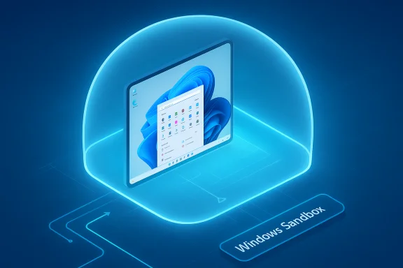 Blue neon Windows Sandbox concept showing a Windows UI inside a glowing dome. Blue neon Windows Sandbox concept showing a Windows UI inside a glowing dome.