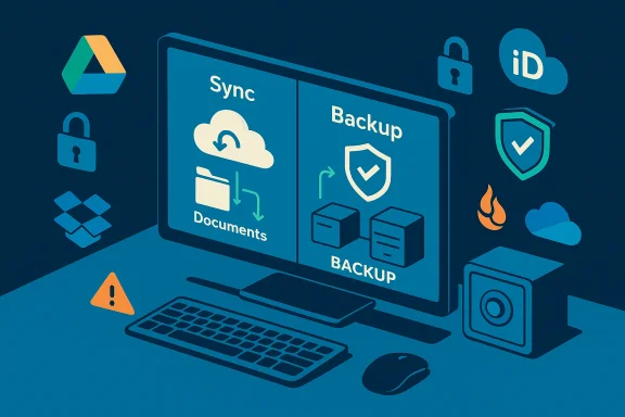 Computer screen shows Sync and Backup panels with cloud and security icons.