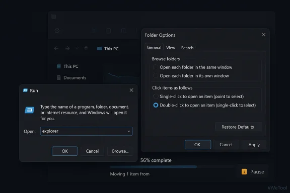 Dark Windows UI with Run and Folder Options dialogs over a file explorer, showing 56% progress. Dark Windows UI with Run and Folder Options dialogs over a file explorer, showing 56% progress.