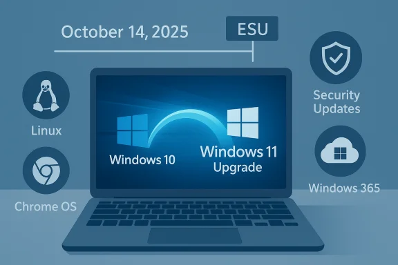 Blue tech infographic showing Windows 10 to Windows 11 upgrade on a laptop with Linux and Chrome OS icons.