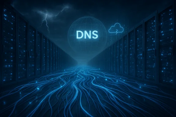 Futuristic data center with a neon blue DNS globe and glowing network cables.