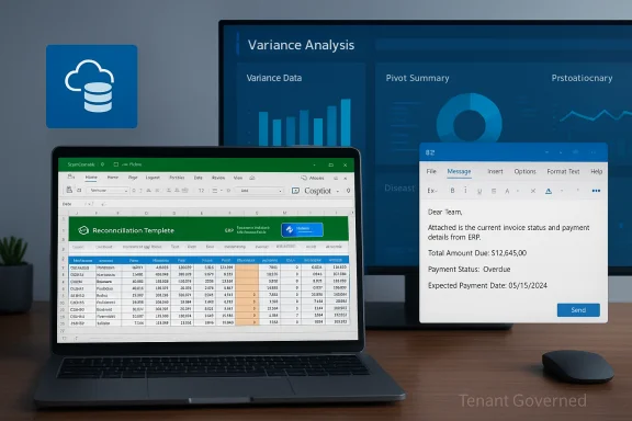 Laptop on a desk shows a green spreadsheet; background monitors display variance analysis dashboards. Laptop on a desk shows a green spreadsheet; background monitors display variance analysis dashboards.