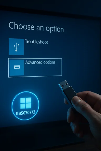 Windows recovery screen offering Troubleshoot or Advanced options with a USB drive in hand. Windows recovery screen offering Troubleshoot or Advanced options with a USB drive in hand.
