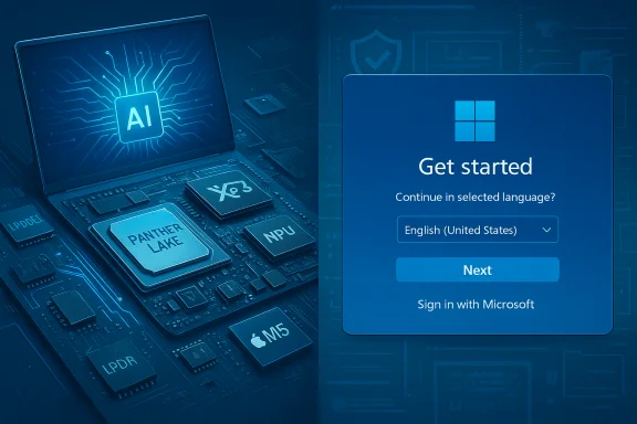 Blue-tinted split image: AI laptop left and Windows 'Get started' onboarding on the right.
