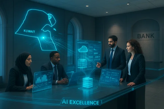 Futuristic bank briefing in Kuwait with holographic AI displays and a diverse team.