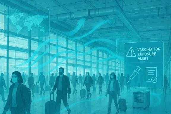 A crowded airport terminal with masked travelers and a vaccination exposure alert sign. A crowded airport terminal with masked travelers and a vaccination exposure alert sign.