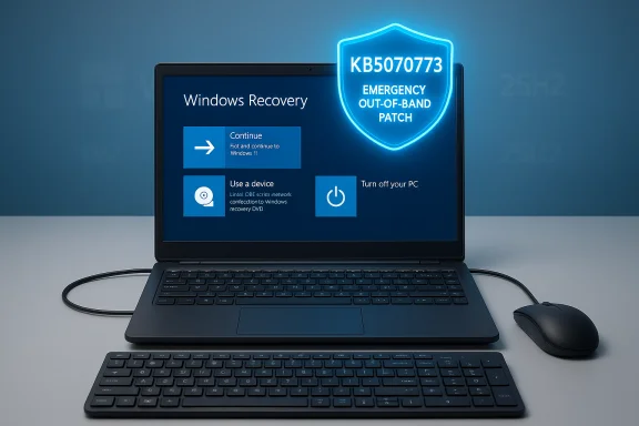 Laptop screen shows Windows Recovery with a glowing shield announcing KB5070773 emergency patch. Laptop screen shows Windows Recovery with a glowing shield announcing KB5070773 emergency patch.