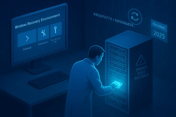 A technician uses a server console as Windows Recovery Environment offers troubleshoot options.