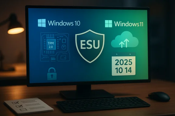 Screen shows Windows 10/11 logos, ESU shield, TPM 2.0 chip, cloud, and date 2025-10-14.