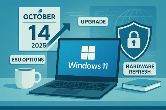 A Windows 11 laptop surrounded by upgrade prompts and IT refresh reminders.