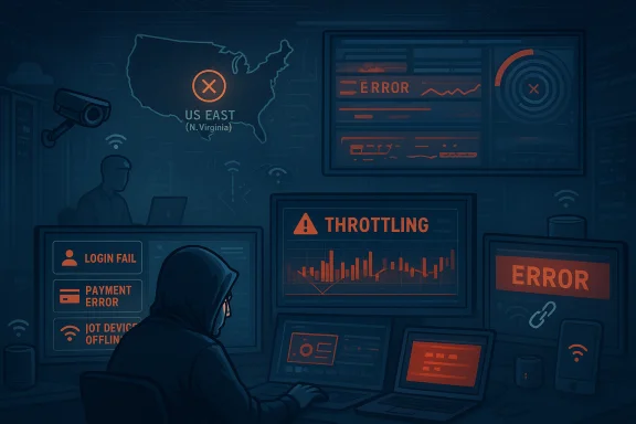 A hooded operator monitors multiple screens showing errors, throttling, and security alerts.
