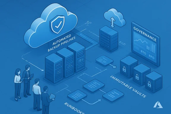 Blue isometric illustration of automated cloud backup pipelines with governance and immutable vaults. Blue isometric illustration of automated cloud backup pipelines with governance and immutable vaults.