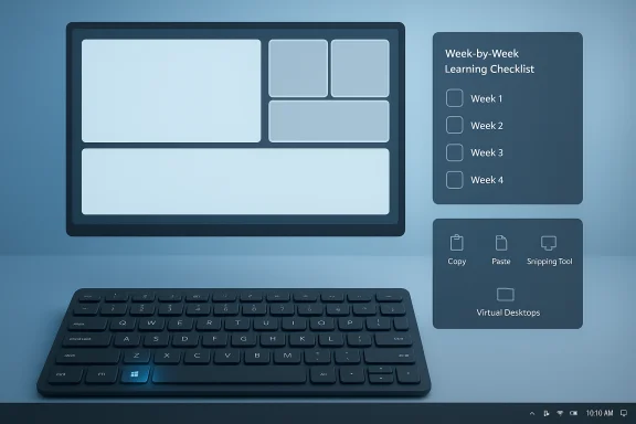 Blue, futuristic desktop UI showing a Week-by-Week learning checklist and tool widgets beside a keyboard. Blue, futuristic desktop UI showing a Week-by-Week learning checklist and tool widgets beside a keyboard.
