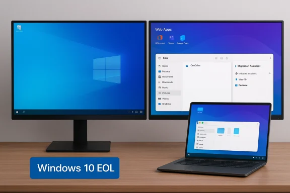 Windows 10 EOL: a three-device setup with two monitors and a laptop.