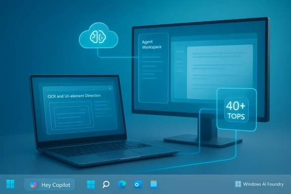 Blue AI workspace with laptop and monitor showing OCR/UI-element detection and cloud-based agent workspace. Blue AI workspace with laptop and monitor showing OCR/UI-element detection and cloud-based agent workspace.