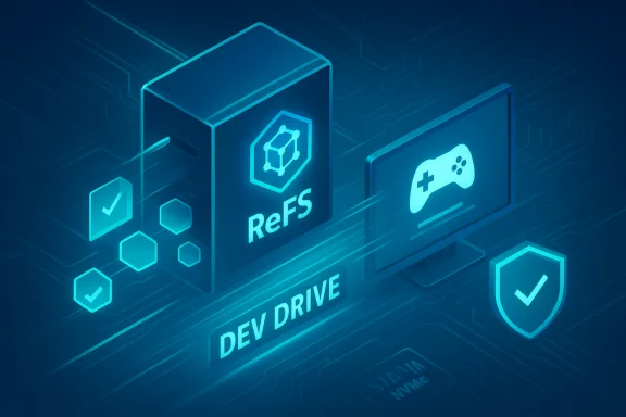 Blue futuristic diagram of Dev Drive featuring ReFS, a gaming icon, and a security shield. Blue futuristic diagram of Dev Drive featuring ReFS, a gaming icon, and a security shield.