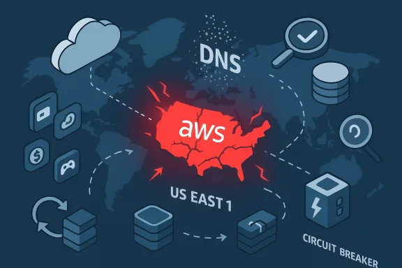 Illustration of AWS US East 1 region with DNS routing and cloud infrastructure icons.