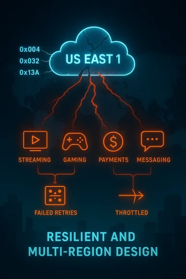 Neon cloud map of US East 1 showing a resilient, multi-region design for streaming, gaming, payments, and messaging.
