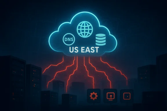 Neon cloud labeled US EAST hovers over a dark data center as red lightning strikes.