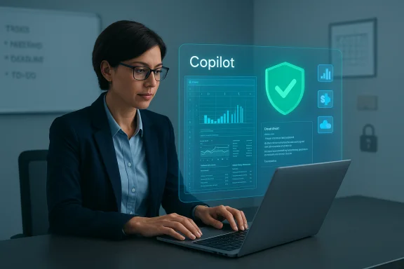 A businesswoman wearing glasses uses a laptop with a Copilot dashboard showing charts and a shield icon.