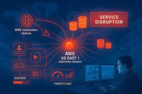 AWS US East 1 Northern Virginia experiences service disruption with DNS resolution failure.