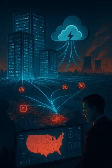 A data analyst monitors cloud-based network links lighting up over a neon-lit city.