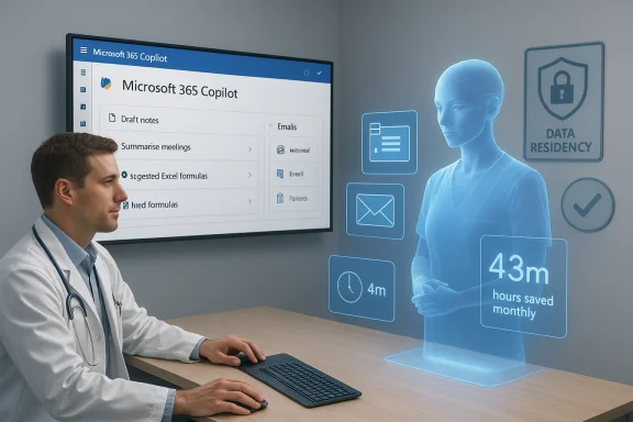 A doctor watches a holographic AI assistant and Microsoft 365 Copilot interface in a futuristic clinic.