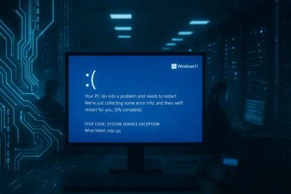 Windows 11 blue crash screen on a monitor in a dim data center. Windows 11 blue crash screen on a monitor in a dim data center.