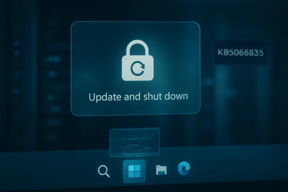 A computer screen shows an 'Update and shut down' prompt with a padlock icon.