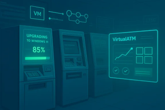 Futuristic data center with glowing kiosks showing an 85% Windows 11 upgrade and a VirtualATM dashboard. Futuristic data center with glowing kiosks showing an 85% Windows 11 upgrade and a VirtualATM dashboard.