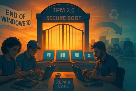 Repair cafe scene: people work on laptops under a TPM 2.0 Secure Boot gate and an End of Windows 10 banner. Repair cafe scene: people work on laptops under a TPM 2.0 Secure Boot gate and an End of Windows 10 banner.