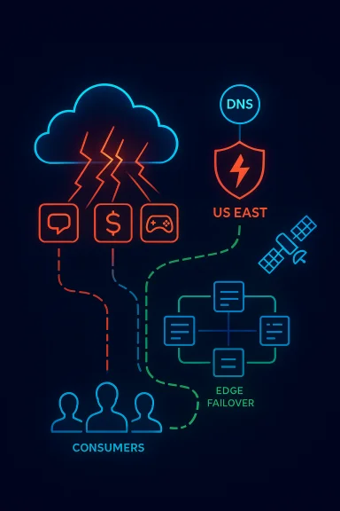 Neon cloud computing diagram highlighting DNS, edge failover, and consumer access.