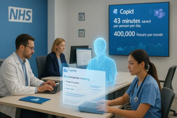 NHS staff hold a meeting with a holographic Copilot assistant.