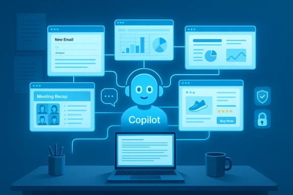 Central Copilot AI avatar links multiple dashboards in a blue digital workspace.