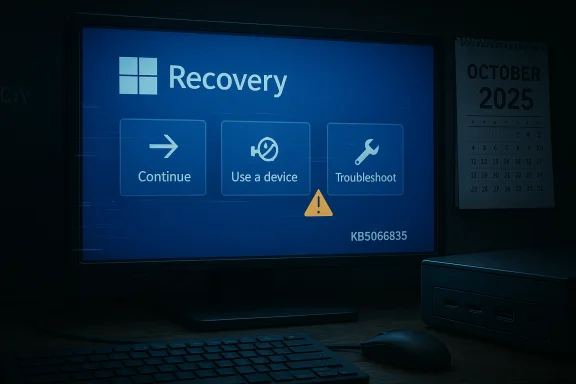 Windows Recovery screen on a monitor with options Continue, Use a device, Troubleshoot and a warning icon.