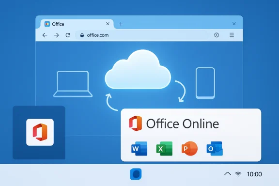 Blue illustration of Office Online cloud syncing across devices with Word, Excel and PowerPoint icons.