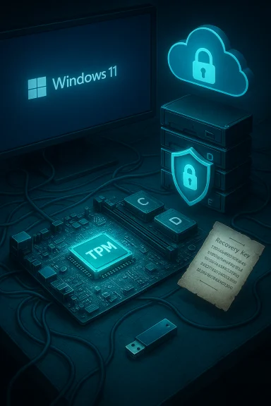 Windows 11 PC shown with cloud security icons, a shield, and a TPM chip.