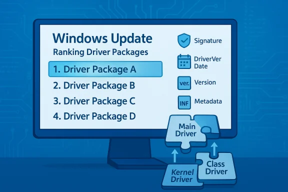 Windows Update screen ranking four driver packages with puzzle-piece Main Driver, Kernel Driver, and Class Driver.