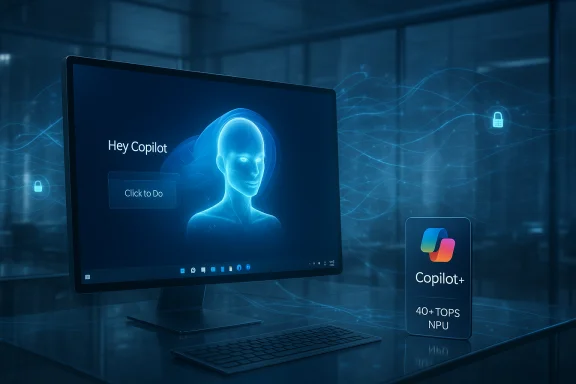 Futuristic desktop shows a blue AI hologram saying Hey Copilot beside a Copilot+ sign. Futuristic desktop shows a blue AI hologram saying Hey Copilot beside a Copilot+ sign.